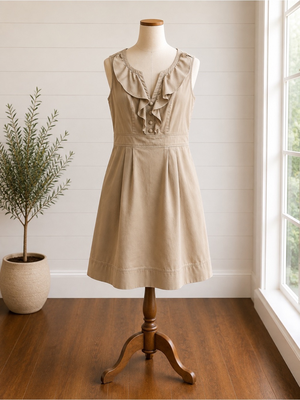 London Style Cotton Ruffle Fit & Flare Dress Beige Tan Size 8